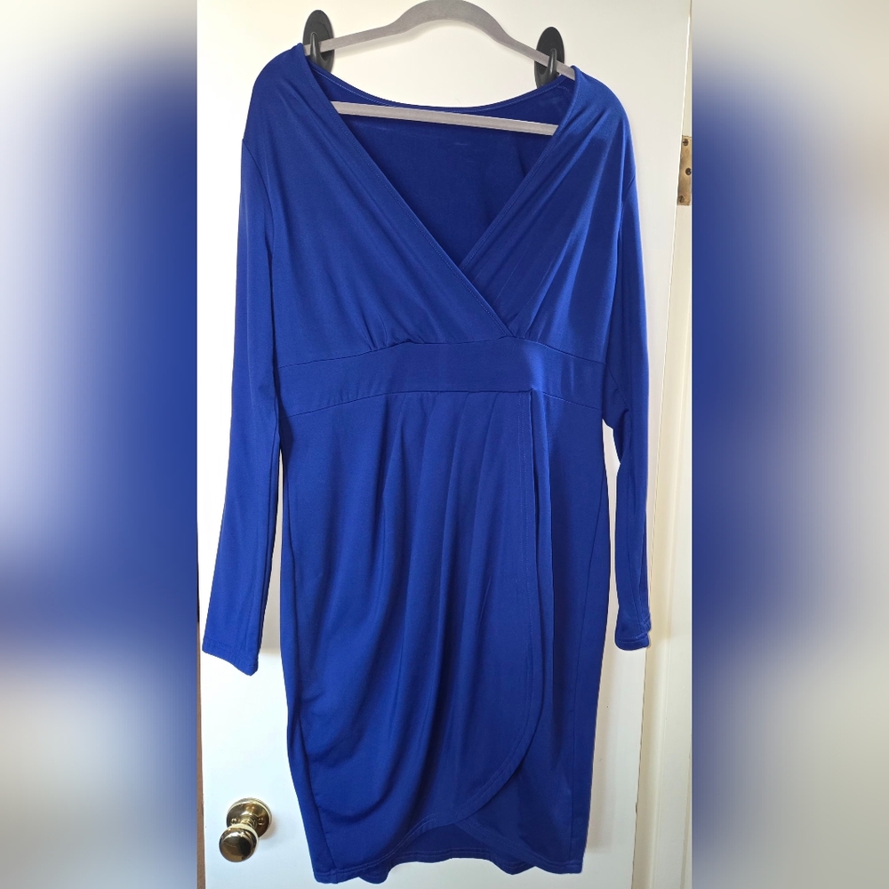Elegant Blue Long Sleeve Dress Pus Fitted